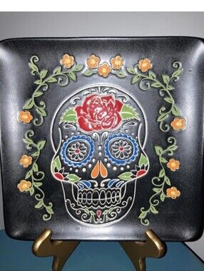 INHOMESTYLEZ Halloween Sugar Skull ceramic platter Day Of The Dead 11x11